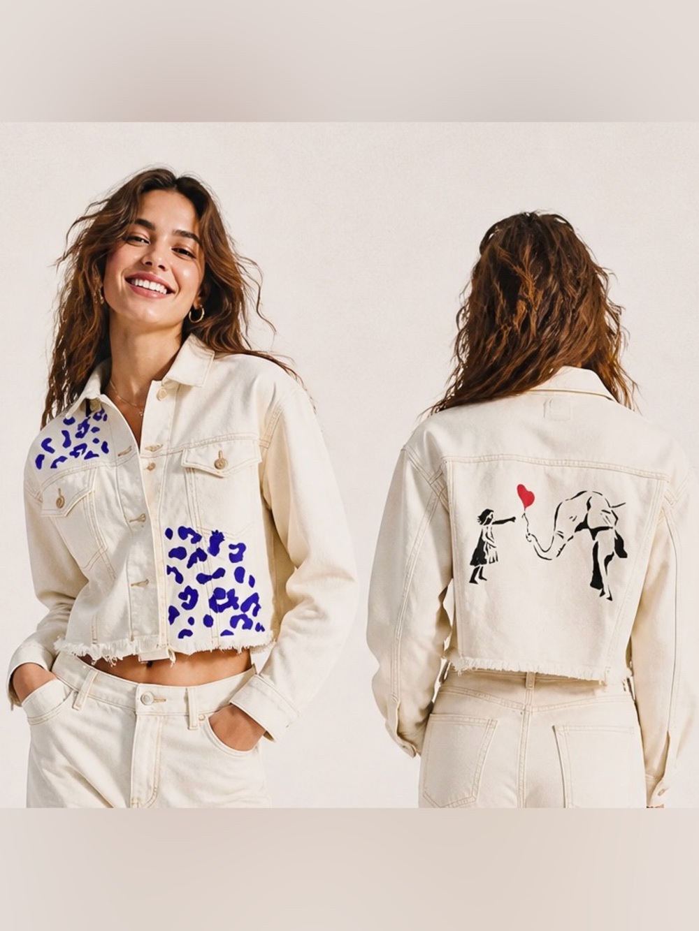 Women's Cream Cropped Denim Jacket w/ purple Leopard & Banksy Motifs. Handmade